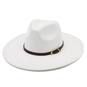 Detail of white wool wide brim fedora with brown leather belt and gold metal buckle