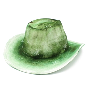 Close-up of green distressed cowboy hat with star patterns and vintage felt texture