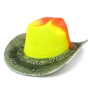 Detail of western cowboy hat with orange gradient crown and green textured brim