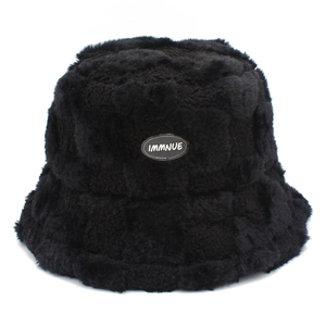 Plush black faux fur bucket hat with IMMNUE logo for women's winter warm fashion wear