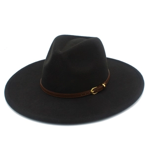 Detail view of the black wool fedora featuring a brown leather band and gold metal buckle