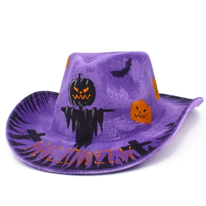 Purple Halloween cowboy hat with black bats and orange pumpkin patterns for party wear