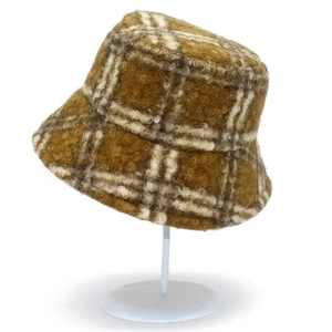 Thick wool bucket hat with brown and beige plaid pattern for autumn and winter warmth