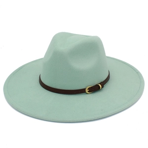 Detailed top view of mint green wool fedora hat with wide brim and buckled leather band