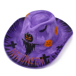Close-up of purple Halloween cowboy hat featuring pumpkin, bat and scarecrow motifs