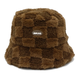 Japanese style brown checkered lamb wool bucket hat with Immune leather label for women