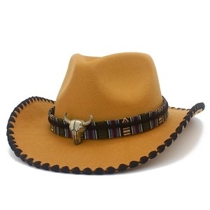 Western cowboy wool felt hat in camel with tribal weave and metal bull head pendant decoration
