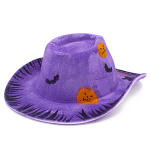 Detail of purple Halloween cowboy hat with orange pumpkin and black bat patterns