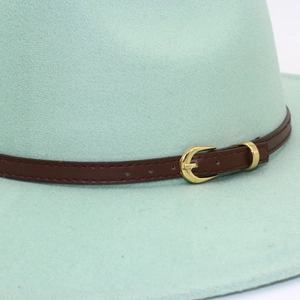 Mint green wide brim wool fedora hat with brown leather band and gold buckle detail