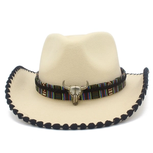 Western Cowboy Hat With Bull Head Skull Decoration Ethnic Woven Band Cotton Blend Jazz Fedora Hat For Men Women Outdoor