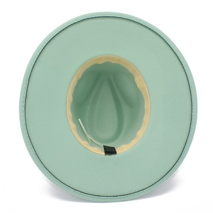 Detail of the mint green fedora hat interior showing the cotton blend lining and sweatband