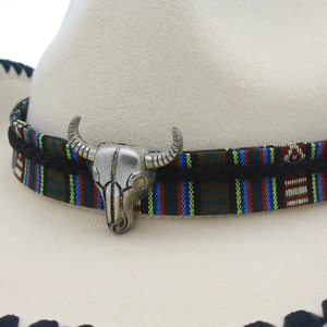 Western cowboy felt hat featuring a vintage bull head skull ornament and ethnic braided band
