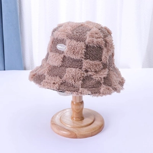 Women Winter Warm Plush Bucket Hat Faux Rabbit Fur Checkerboard Pattern Korean Style Fisherman Hat Outdoor Windproof Fashion Cap