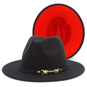 Two-Tone Fedora Hat For Men Women Vintage Wide Brim Jazz Hat With Metal Buckle Belt Red Black Contrast Flat Brim Felt Hat