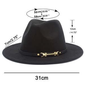 Measurement detail of black wool fedora with gold buckle showing dimensions 56-58cm