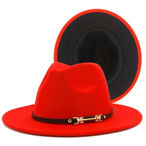 Classic red and black two-tone wool fedora hat with elegant gold buckle leather band