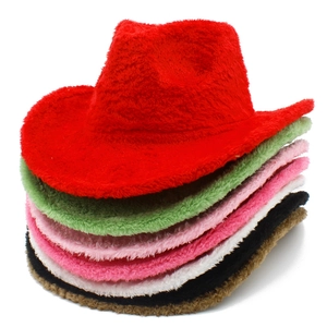 Vertical stack of colorful plush cowboy hats in various bright shades with a soft fuzzy texture