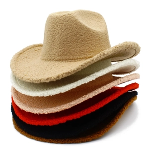 Group display of colorful plush western cowboy hats in warm faux lamb wool fabric