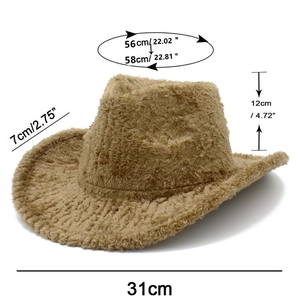 Detailed size chart for the khaki fuzzy fedora hat with brim and crown measurements