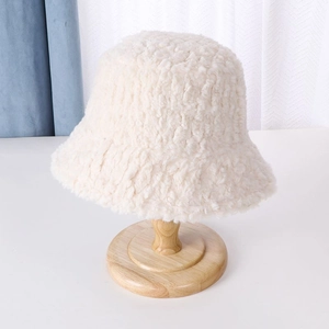 Sombrero bucket de lana de cordero sintética crema cálida para mujer invierno cortaviento