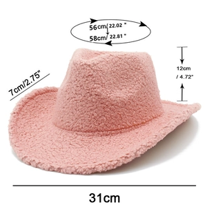 Pink faux shearling cowboy hat measurements including crown height and brim width