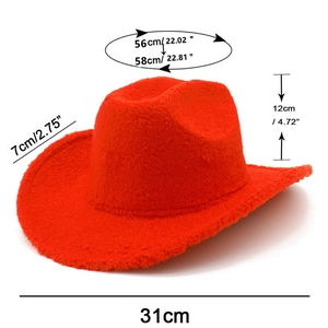 Detail of bright orange cowboy hat with soft wool texture and exact size measurements