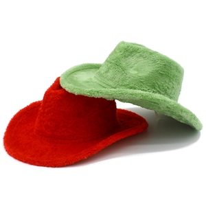 Detail of wide brim fuzzy jazz hats in bright red and light green plush material