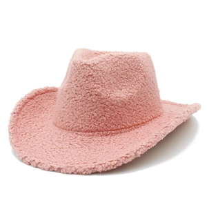 Close-up of pink faux shearling texture on a stylish Western cowboy hat for women