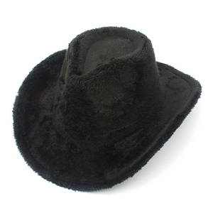 Women's black fuzzy faux fur cowboy hat with wide brim for winter fashion accessory