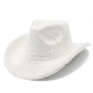 Detail of soft white faux fur texture on a classic western style cowboy hat for winter