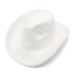Detail of white fuzzy faux fur cowboy hat showing thick plush texture and wide brim
