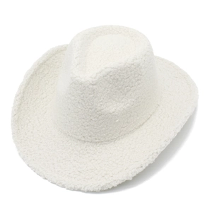 White teddy fleece western cowboy hat with a wide brim and soft faux fur texture