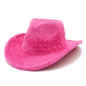 Detailed macro texture of vibrant rose pink faux fur on this stylish wide brim jazz hat