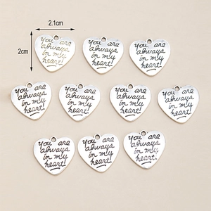 Set of 10 heart-shaped alloy pendants with You are always in my heart engraving
