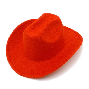 Vibrant orange western cowboy hat with plush fleece finish and wide upturned brim design