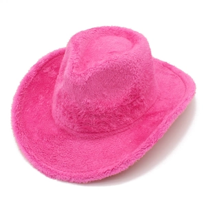 Detailed top view of bright pink fuzzy wide brim jazz hat with soft plush fur texture
