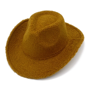 Western style teddy fleece cowboy hat in mustard yellow with classic pinched crown and rolled brim