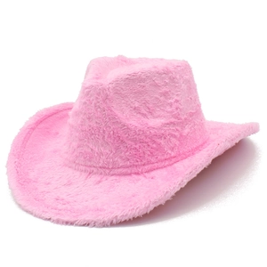 Macro shot of bright pink fuzzy faux fur texture on a stylish western cowboy hat