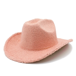 Detailed texture of pink faux shearling fabric on a classic western cowboy hat design