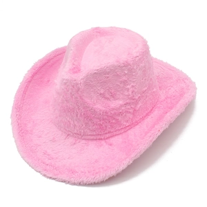 Detail of the fuzzy pink western cowboy hat showing high-quality plush faux fur texture