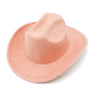 Pink faux shearling western cowboy hat with a curved brim and plush textured finish