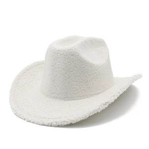 Detail shot of the white sherpa texture and curved brim of the western cowboy hat