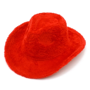 Detailed view of the bright red fluffy faux fur texture on this stylish fedora hat