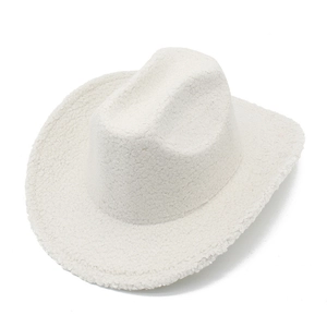 Classic creamy white western cowboy hat with plush teddy wool texture and curved brim