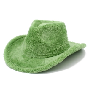 Detailed macro view of the fluffy bright green faux fur texture on a western cowboy hat