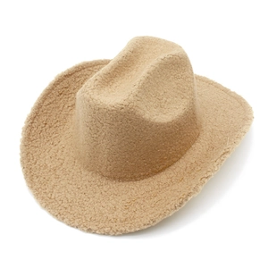 Winter faux shearling western cowboy hat in camel color with upturned brim for women