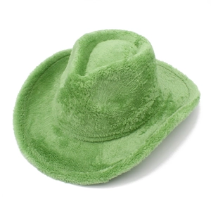 Grass green fuzzy faux fur western cowboy hat with wide brim for winter warmth