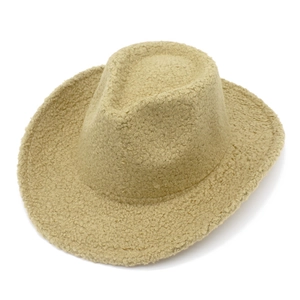 Detail of camel faux shearling texture on a western cowboy hat with a curved brim