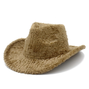 Close-up of brown plush fuzzy cowboy hat showing soft faux fur texture and brim
