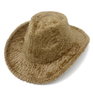 Fashionable camel teddy fleece western cowboy hat with wide brim for winter warmth